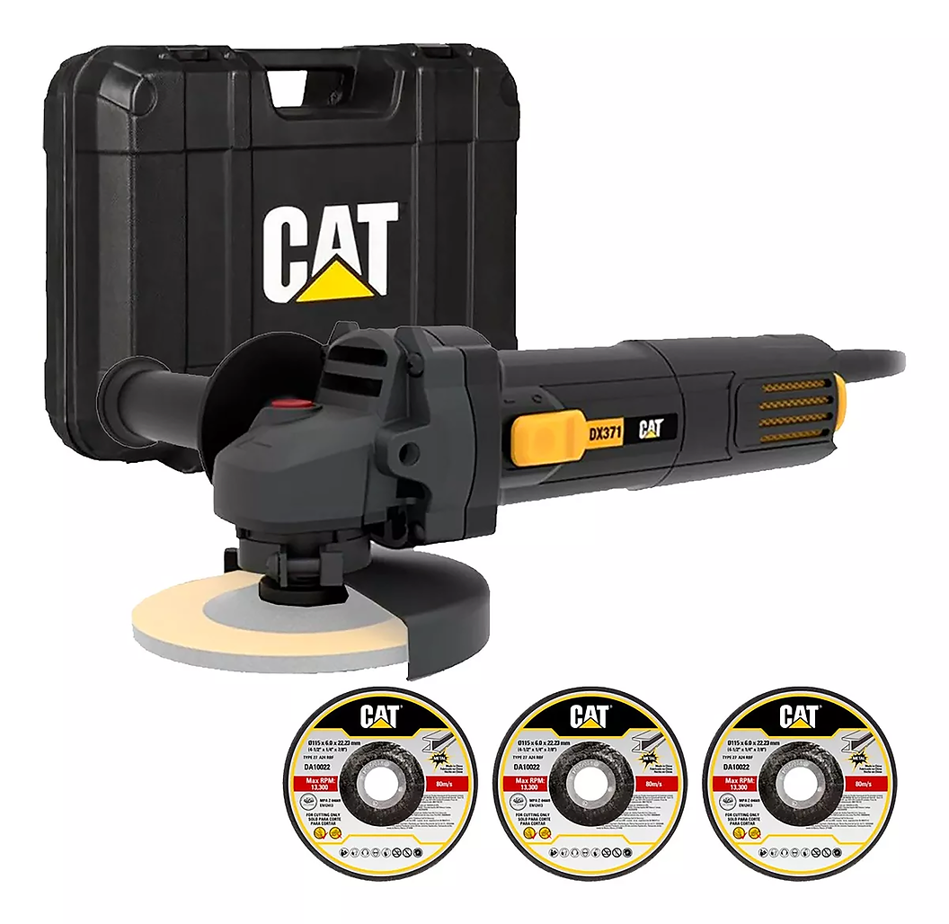 KIT AMOLADORA ANGULAR ELÉCTRICA CAT DX371 + MALETÍN Y 3 DISCOS