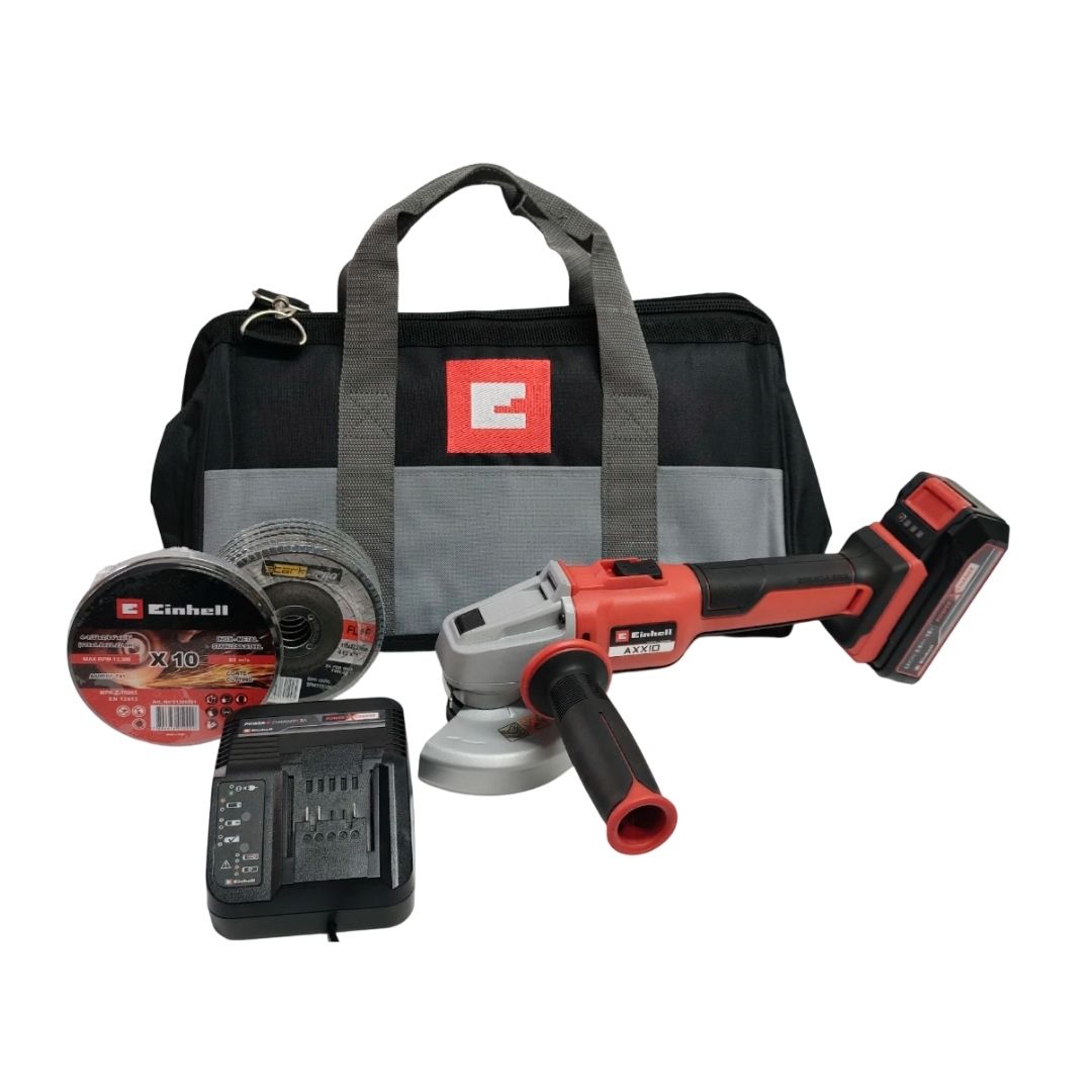 KIT INALÁMBRICO EINHELL: AMOLADORA AXXIO + KIT CARGADOR 2,5 AH+ BOLSO Y DISCOS