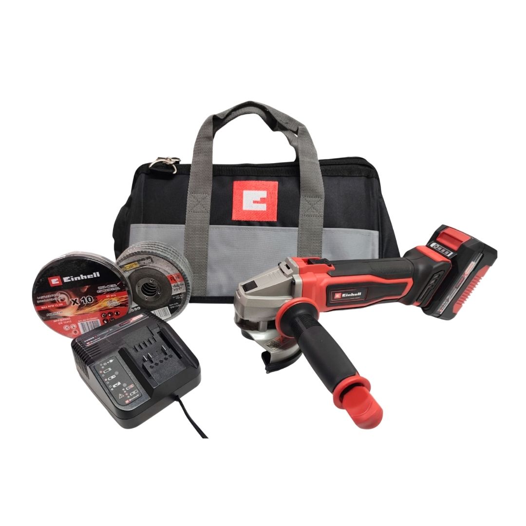 KIT INALÁMBRICO EINHELL: AMOLADORA 115MM + KIT CARGADOR 4 AH + BOLSO Y ACCESORIOS