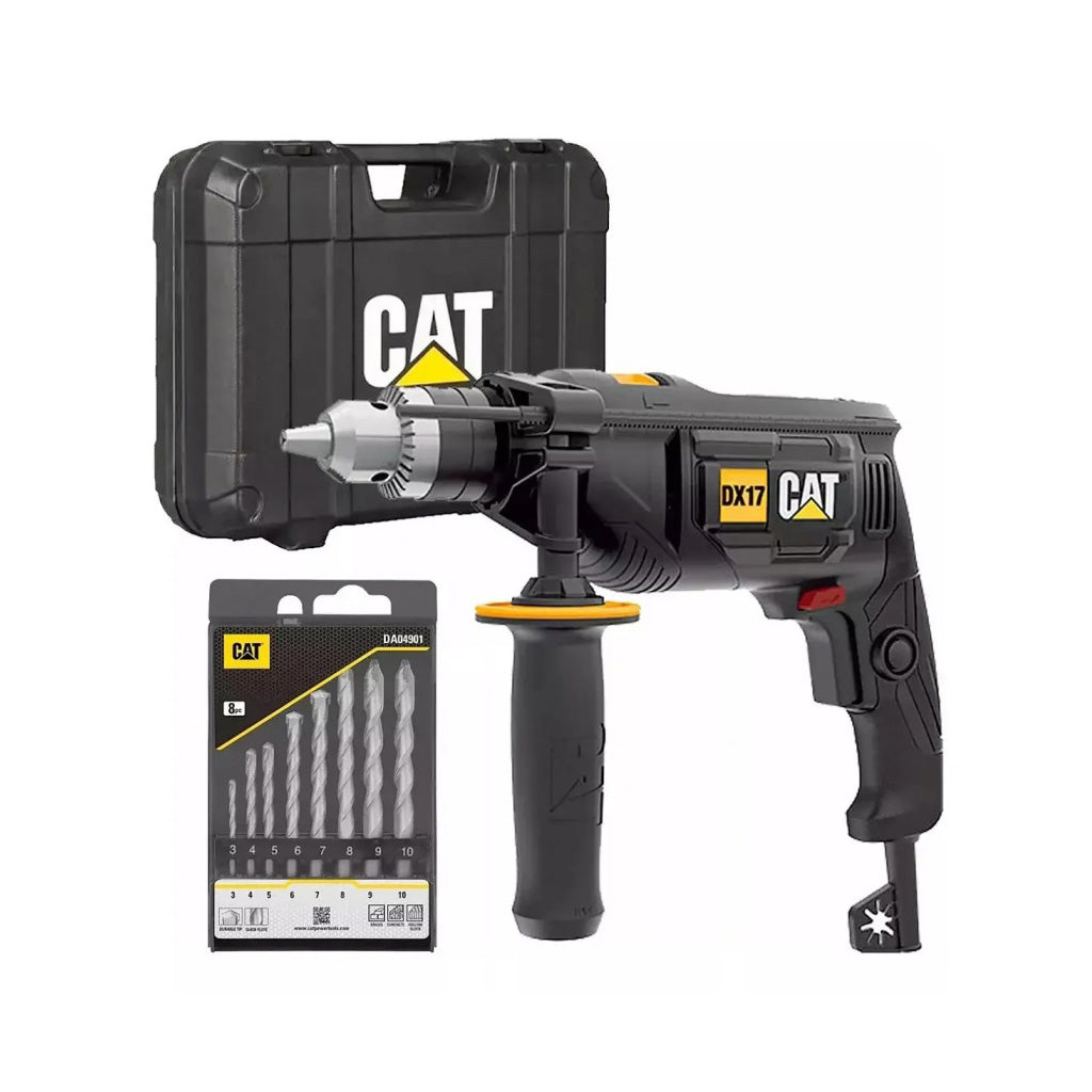 KIT TALADRO PERCUTOR ELÉCTRICO CAT DX17 CON MALETIN Y MECHAS