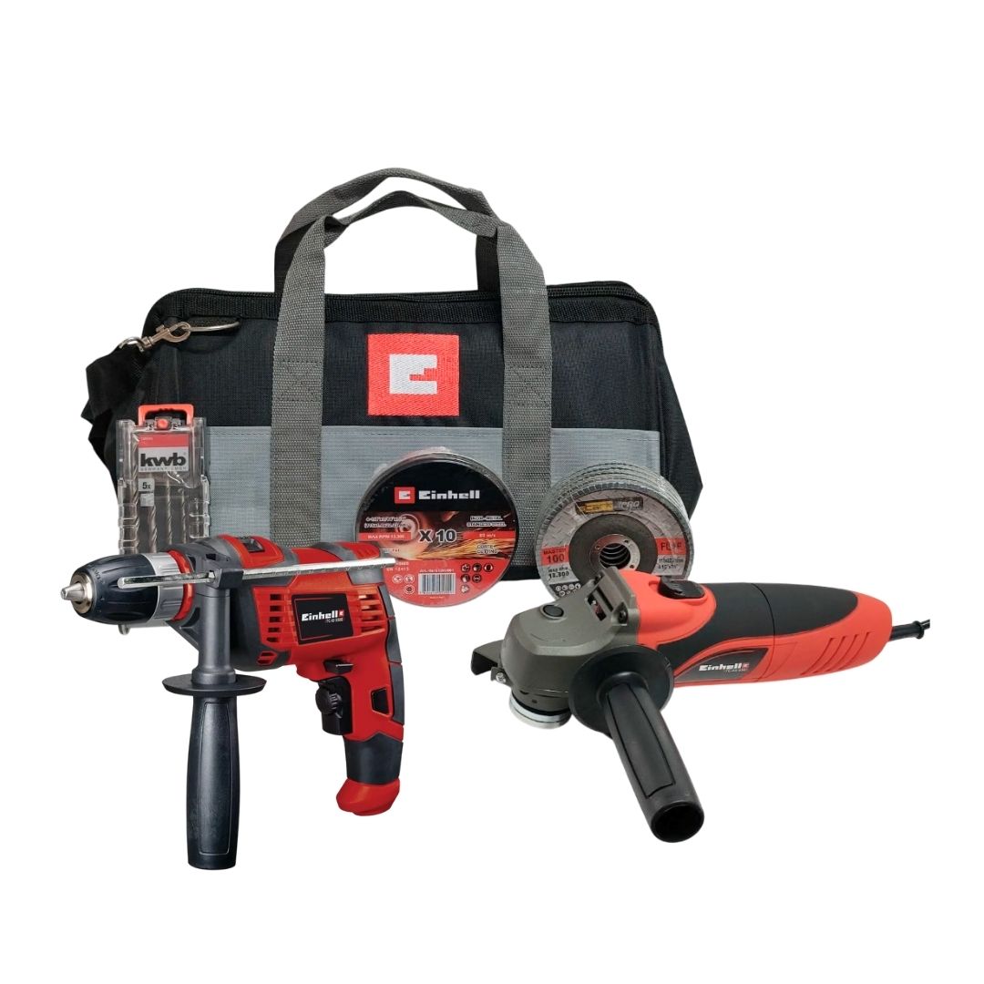 KIT ELÉCTRICO EINHELL: TALADRO + AMOLADORA + BOLSO Y ACCESORIOS