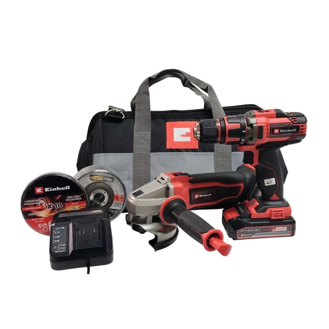 KIT INALÁMBRICO EINHELL: TALADRO A BATERÍA + AMOLADORA + BOLSO Y ACCESORIOS