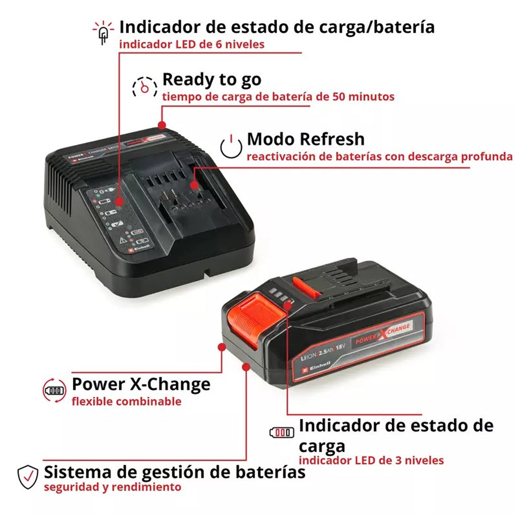 KIT DE INICIO EINHELL CARGADOR + BATERÍA POWER X-CHANGE 2,5AH