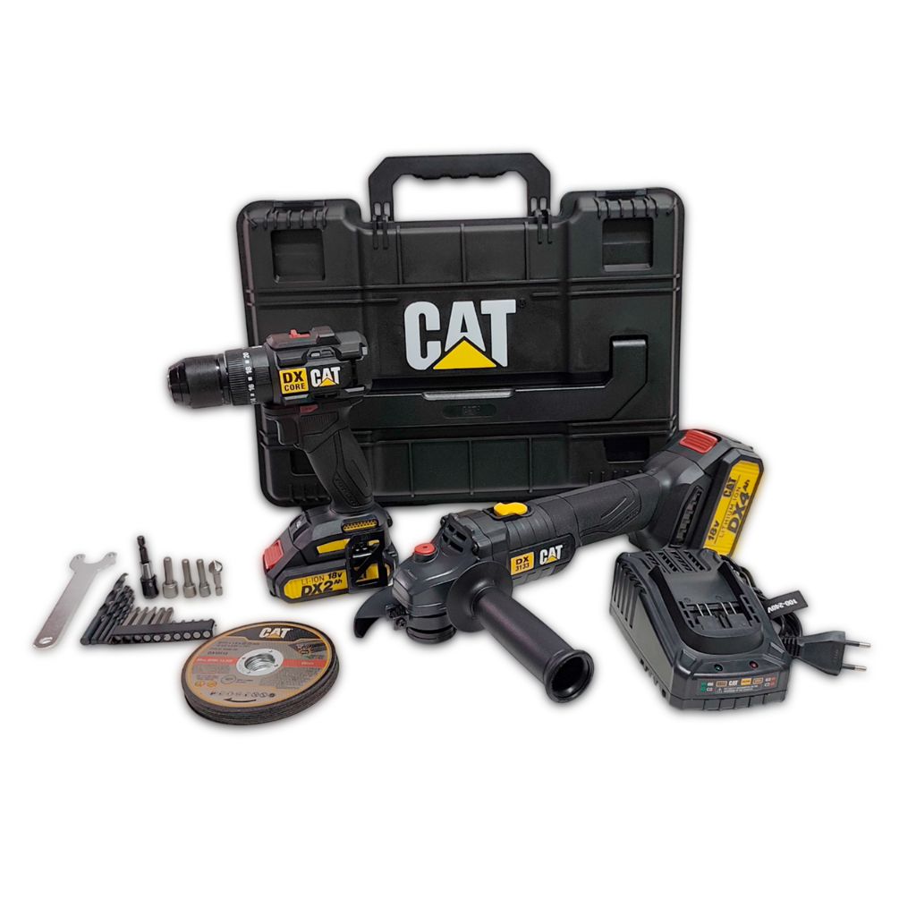 KIT TALADRO IMPACTO CAT DXK203 18V BRUSHLESS + AMOLADORA ANGULAR